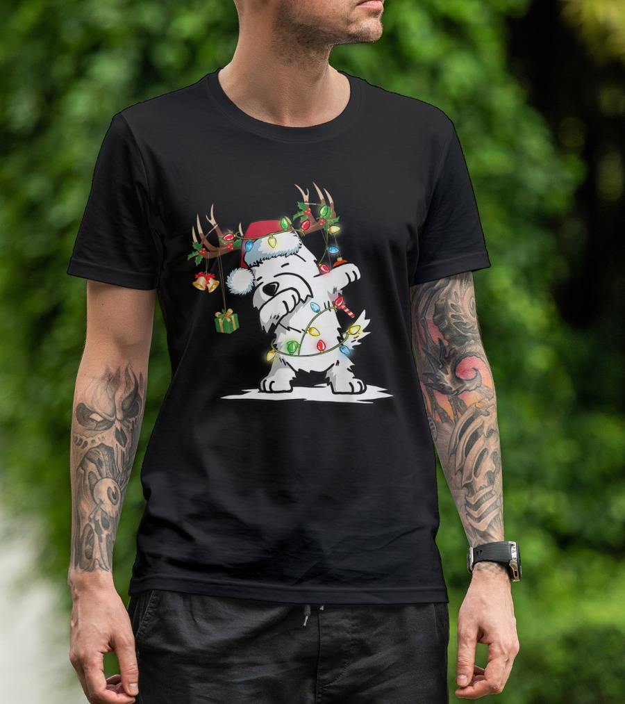 Dabbing Westie Dog Reindeer Lights Santa Hat Christmas Gifts T-Shirt