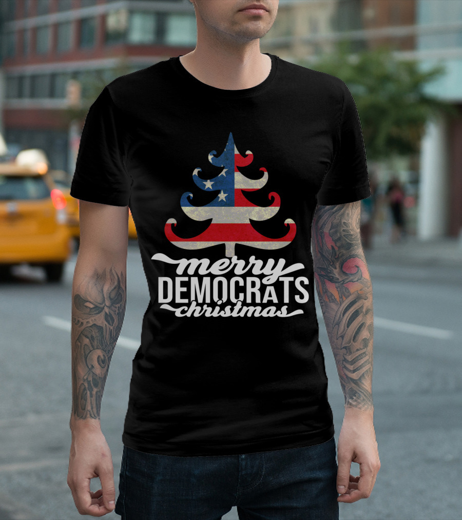 Merry Christmas Democrats Patriotic Tree USA Flag Stars T-Shirt