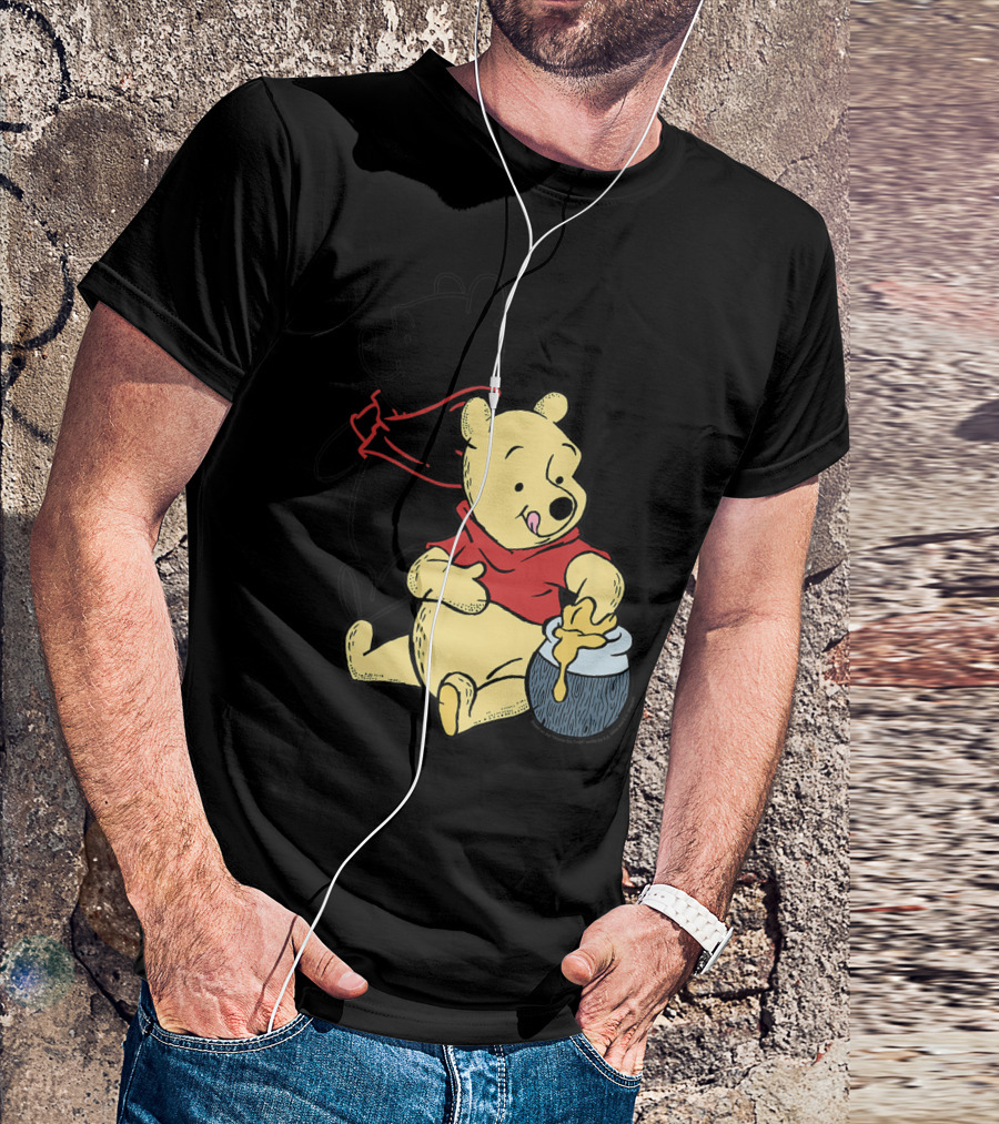 Disney Winnie The Pooh Outline And Colored Character Sitting With Honey Jar T-Shirt