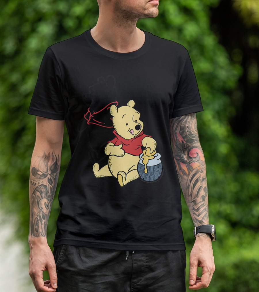 Disney Winnie The Pooh Outline And Colored Character Sitting With Honey Jar T-Shirt