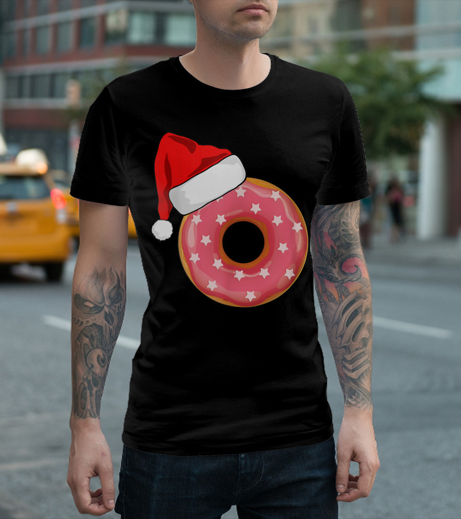 Santa Hat On Pink Strawberry Donut With Stars T-Shirt