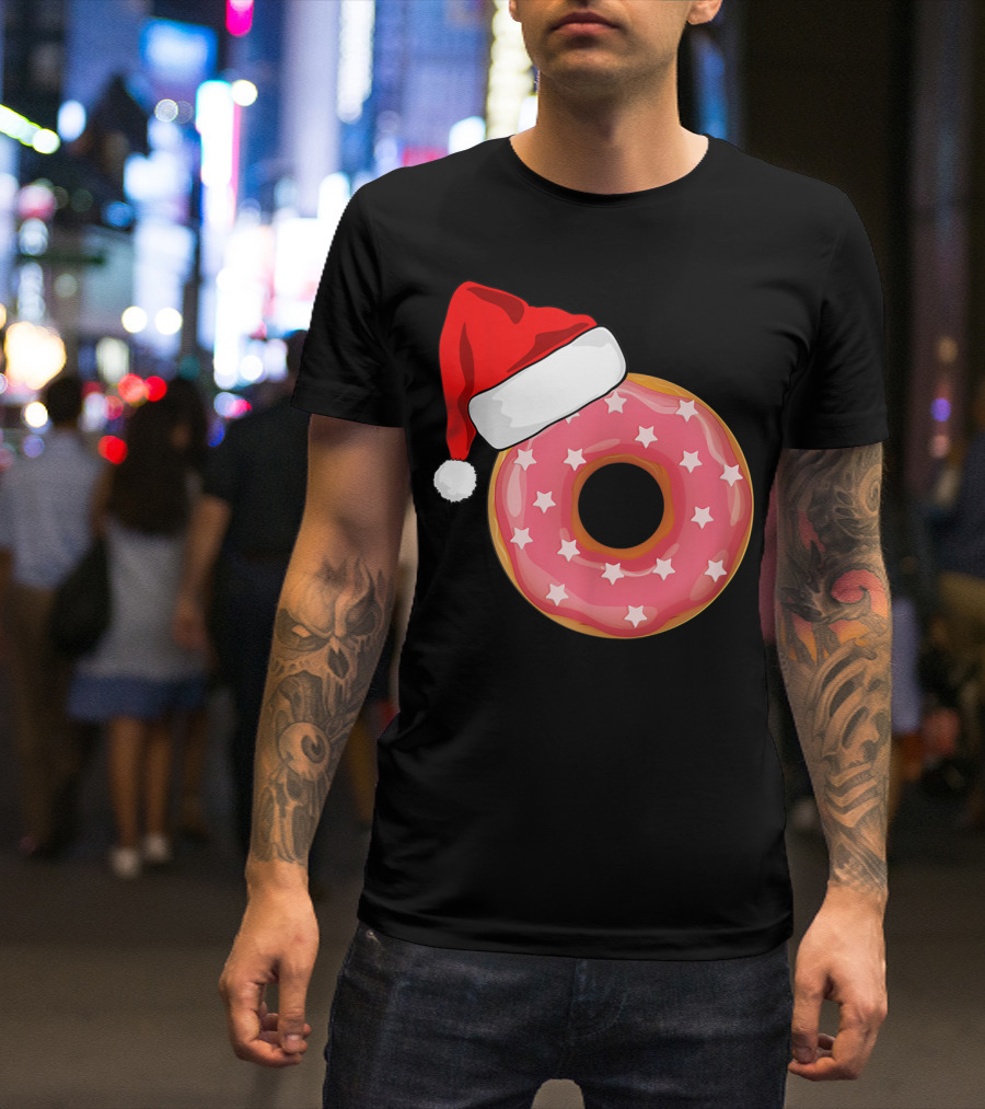 Santa Hat On Pink Strawberry Donut With Stars T-Shirt