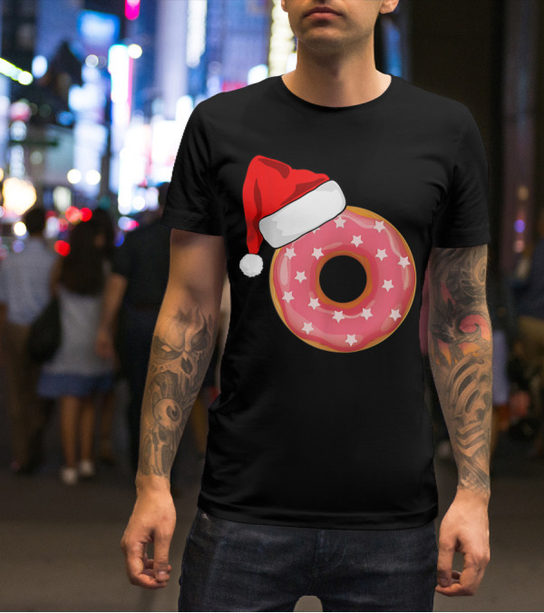 Santa Hat On Pink Strawberry Donut With Stars T-Shirt