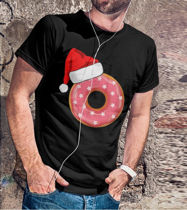 Santa Hat On Pink Strawberry Donut With Stars T-Shirt