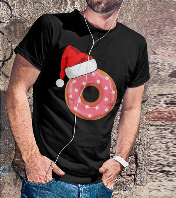 Santa Hat On Pink Strawberry Donut With Stars T-Shirt