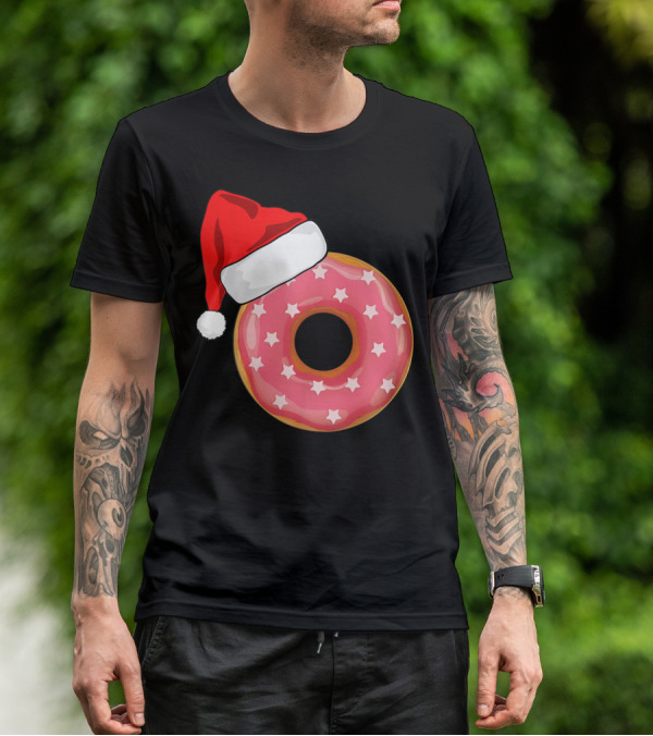 Santa Hat On Pink Strawberry Donut With Stars T-Shirt