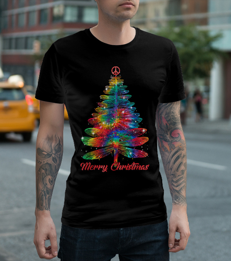 Merry Christmas Dragonfly Peace Sign Christmas Tree T-Shirt