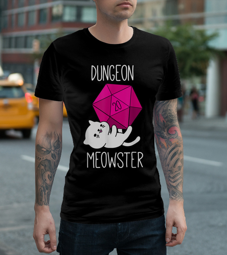 Dungeon Meowster Funny Nerdy Cat D20 Dice T-Shirt