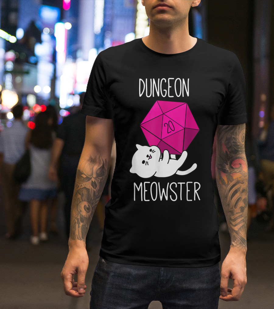 Dungeon Meowster Funny Nerdy Cat D20 Dice T-Shirt