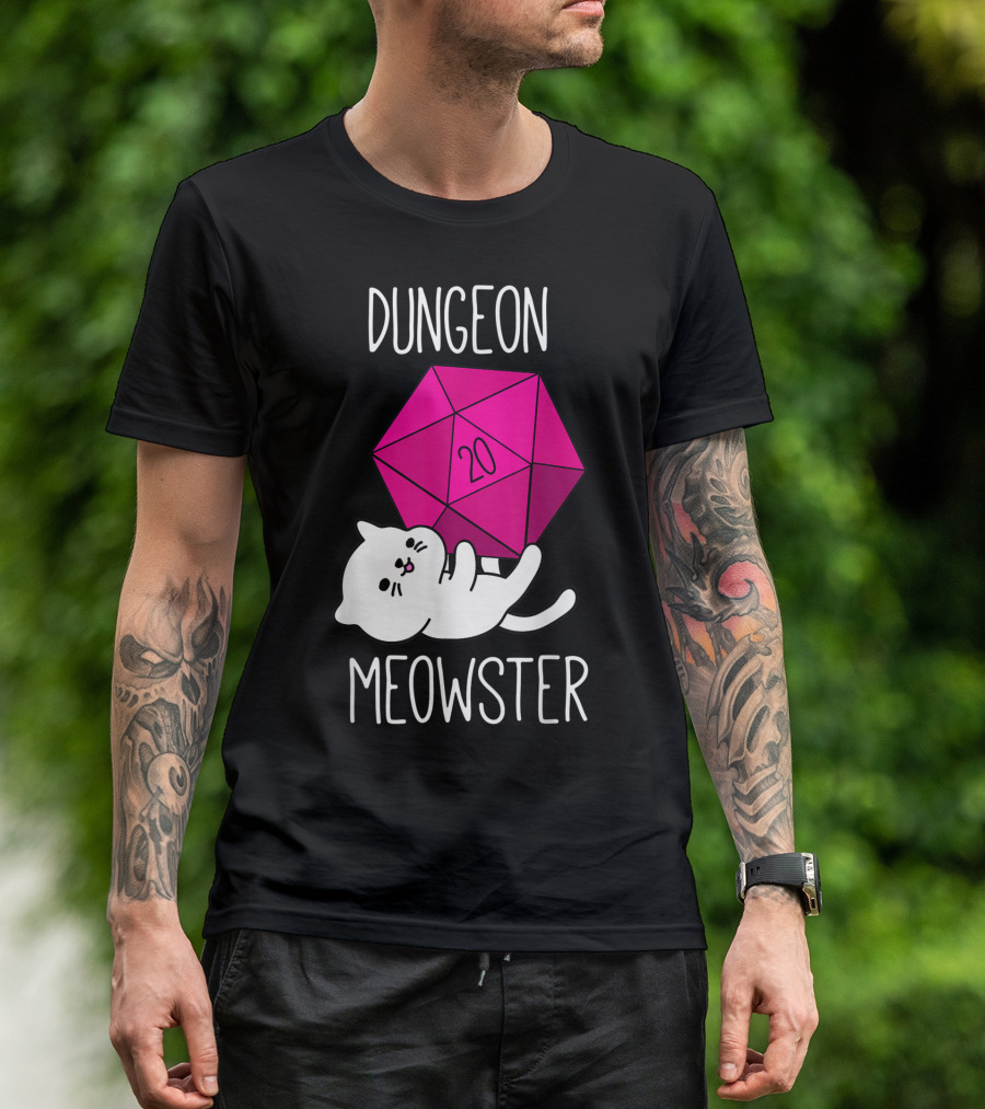 Dungeon Meowster Funny Nerdy Cat D20 Dice T-Shirt