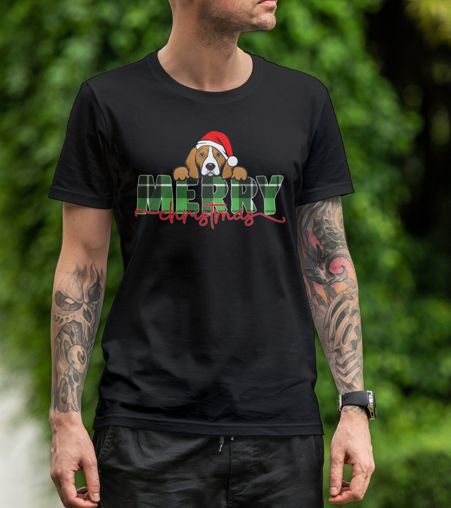 Merry Christmas Funny Beagle Santa Hat T-Shirt