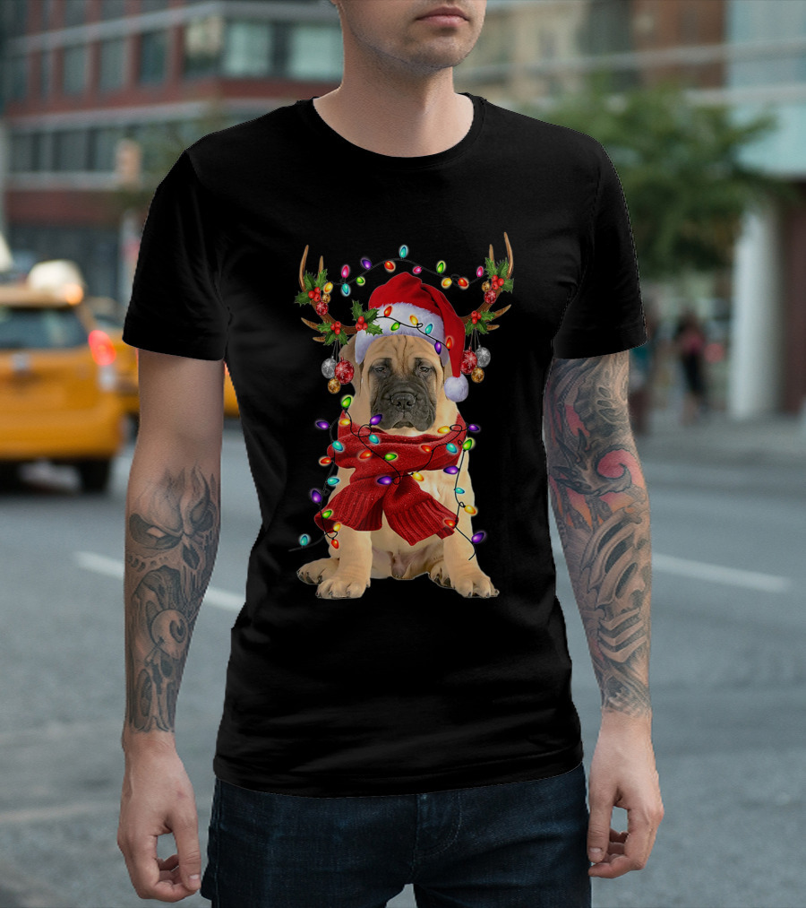 Festive Bull Mastiff Reindeer Lights Christmas Dog T-Shirt