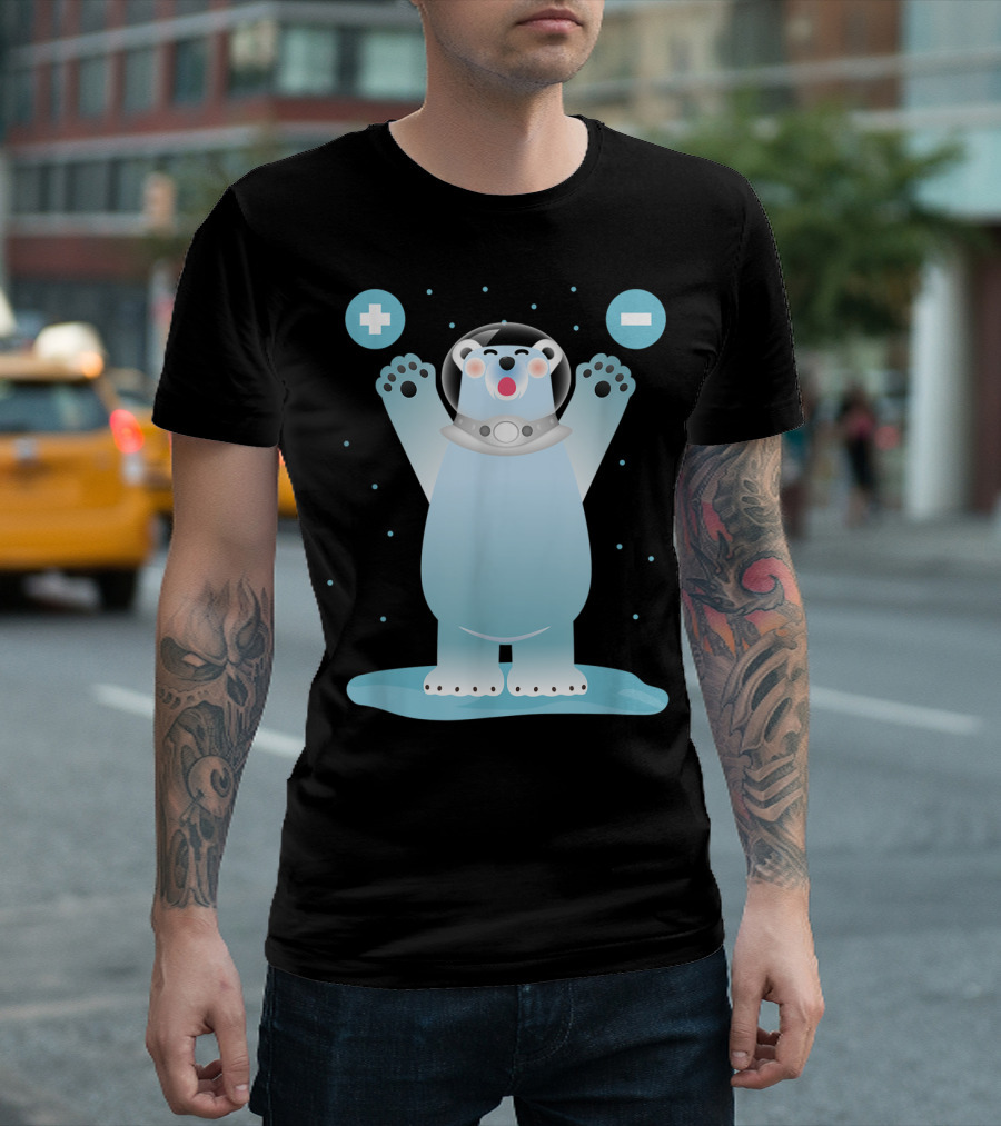 Funny Polar Bear In Space Helmet With Plus And Minus Chemistry Symbols T-Shirt