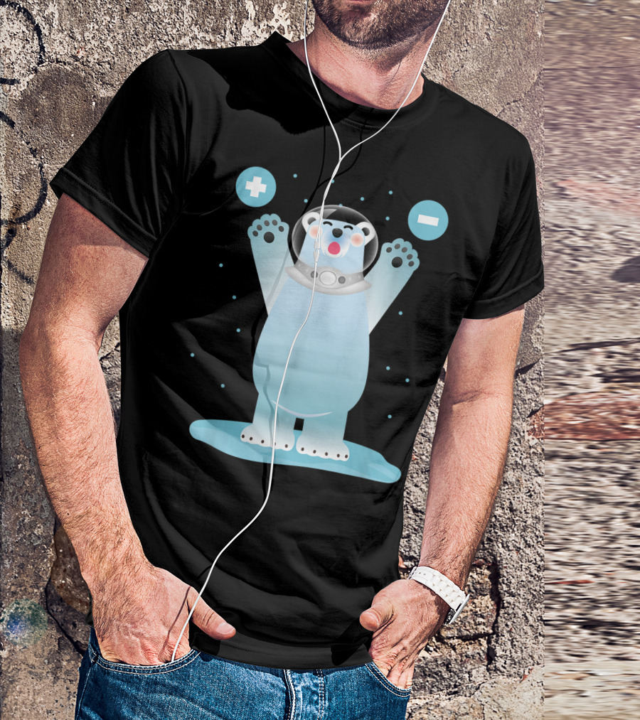 Funny Polar Bear In Space Helmet With Plus And Minus Chemistry Symbols T-Shirt