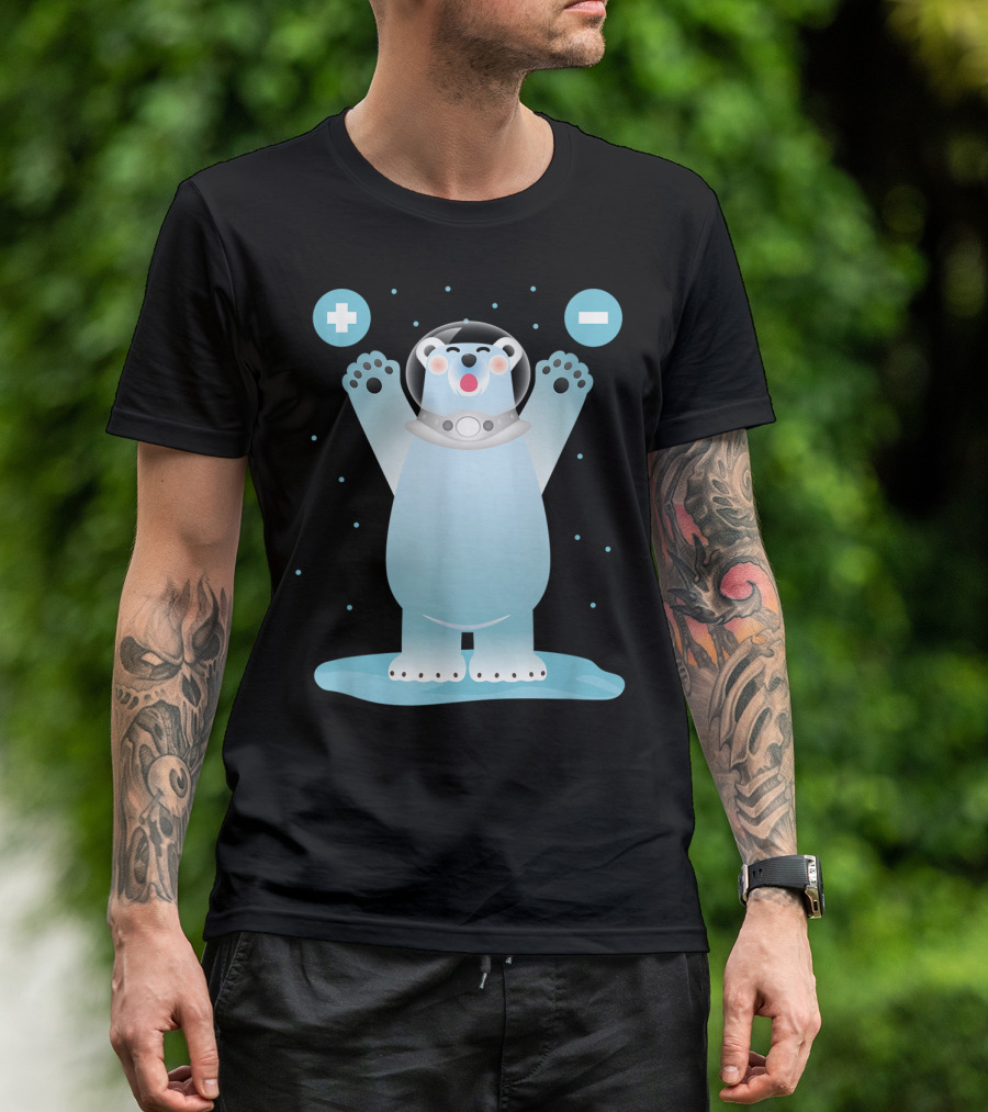 Funny Polar Bear In Space Helmet With Plus And Minus Chemistry Symbols T-Shirt