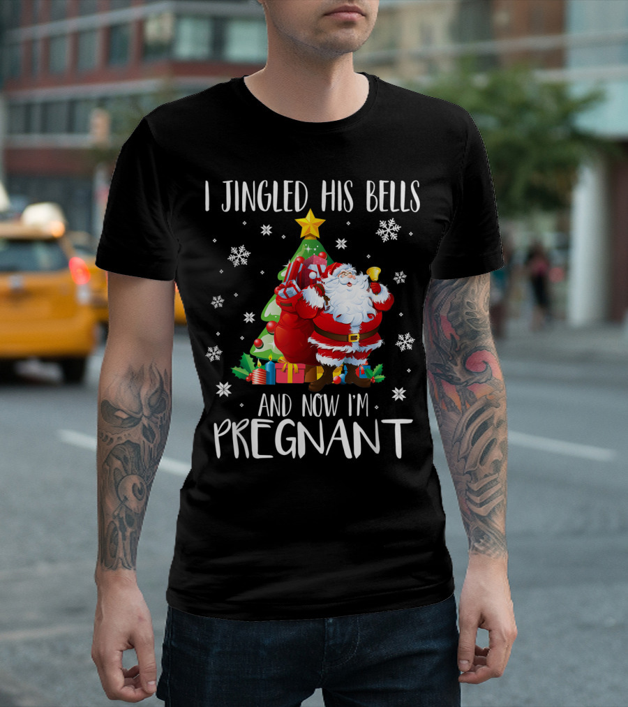 I Jingled His Bells Christmas Pregnancy Announcement Santa Snowflakes Tree T-Shirt