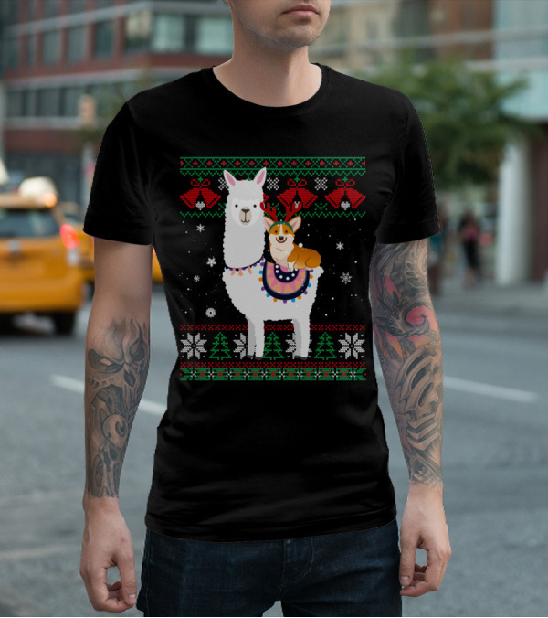 Christmas Corgi Riding Llama With Snowflakes And Reindeer Antlers T-Shirt