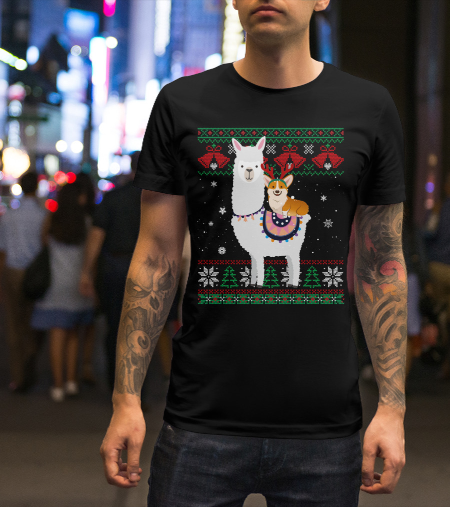 Christmas Corgi Riding Llama With Snowflakes And Reindeer Antlers T-Shirt