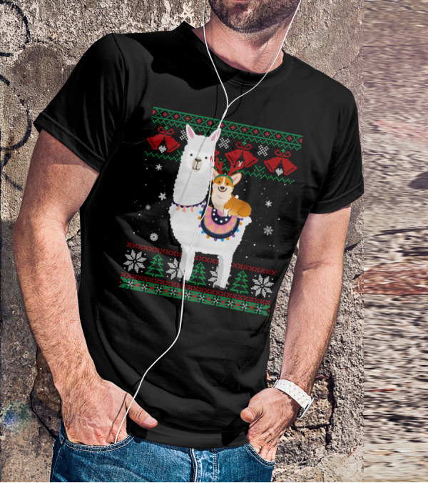 Christmas Corgi Riding Llama With Snowflakes And Reindeer Antlers T-Shirt