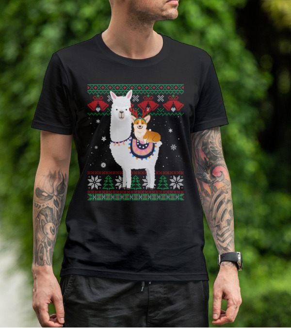 Christmas Corgi Riding Llama With Snowflakes And Reindeer Antlers T-Shirt