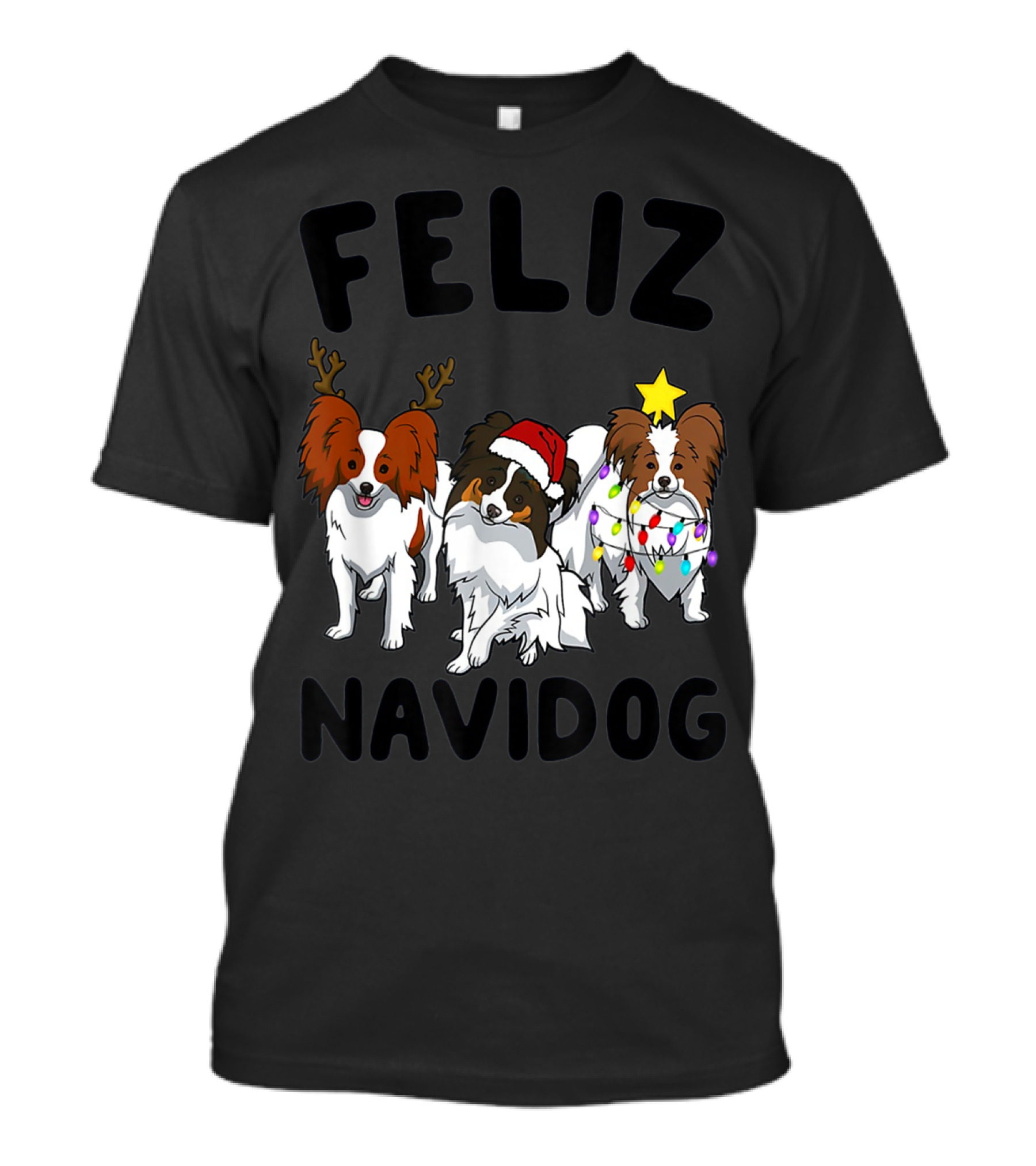 Feliz Navidog Funny Papillon Reindeer Santa Hat Christmas Lights T-Shirt