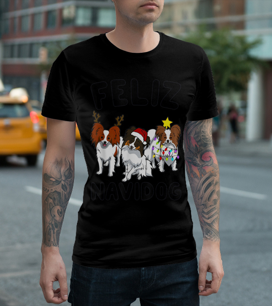 Feliz Navidog Funny Papillon Reindeer Santa Hat Christmas Lights T-Shirt