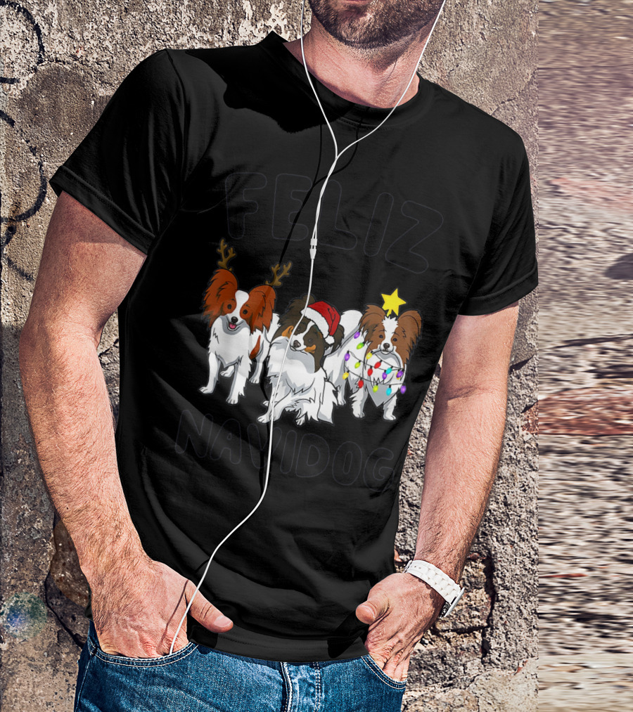 Feliz Navidog Funny Papillon Reindeer Santa Hat Christmas Lights T-Shirt