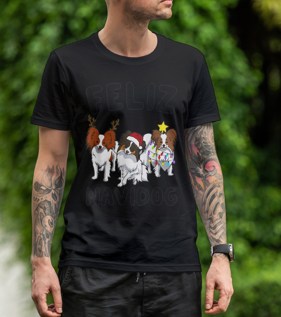 Feliz Navidog Funny Papillon Reindeer Santa Hat Christmas Lights T-Shirt