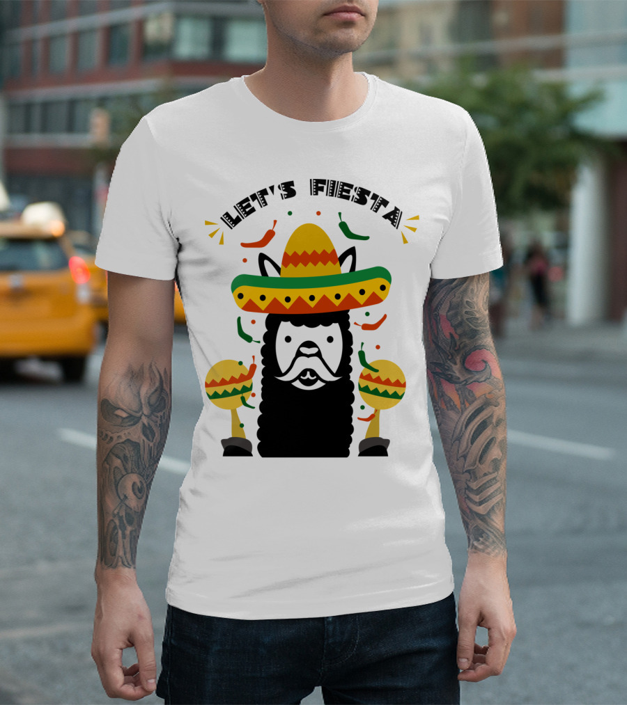 Funny Llama Let's Fiesta Sombrero and Maracas Party T-Shirt