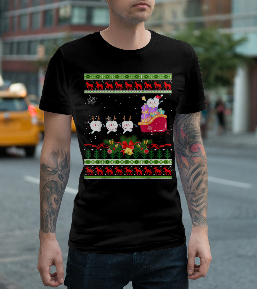 Funny Christmas Tree Dental Snowmen in Santa's Sleigh T-Shirt