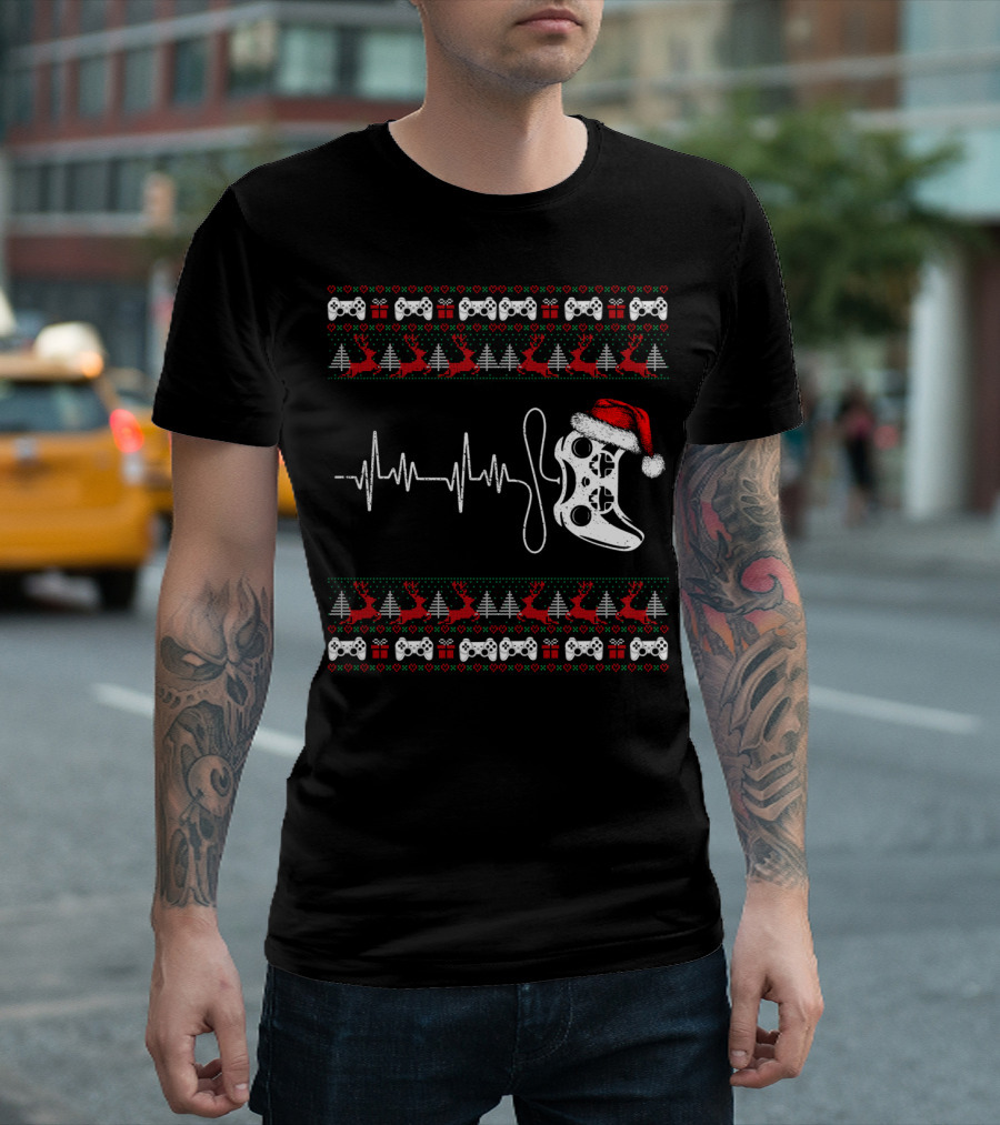 Gamer Heartbeat Christmas Controller Santa Hat Trees Reindeer T-Shirt