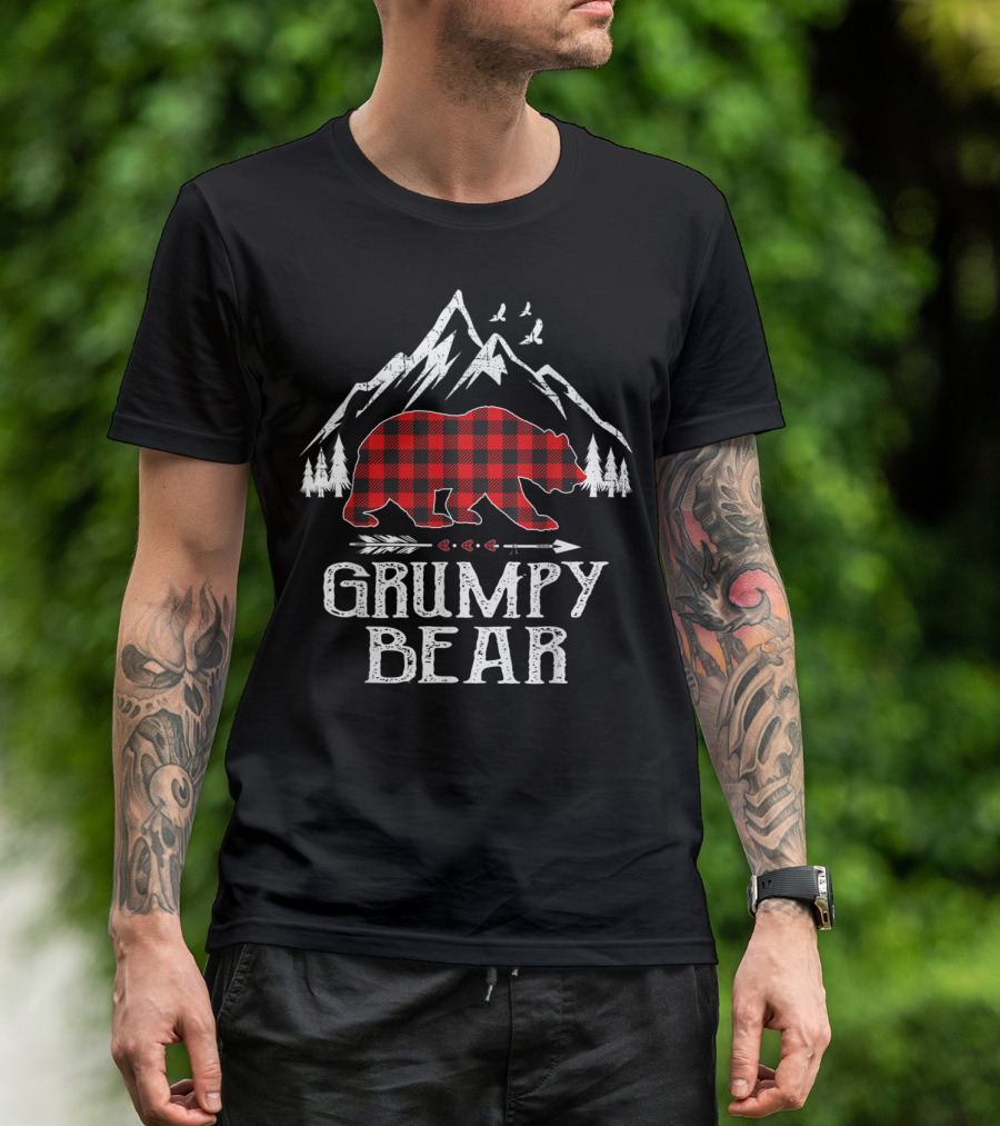 Grumpy Bear Red Plaid Buffalo Mountain Christmas Forest T-Shirt