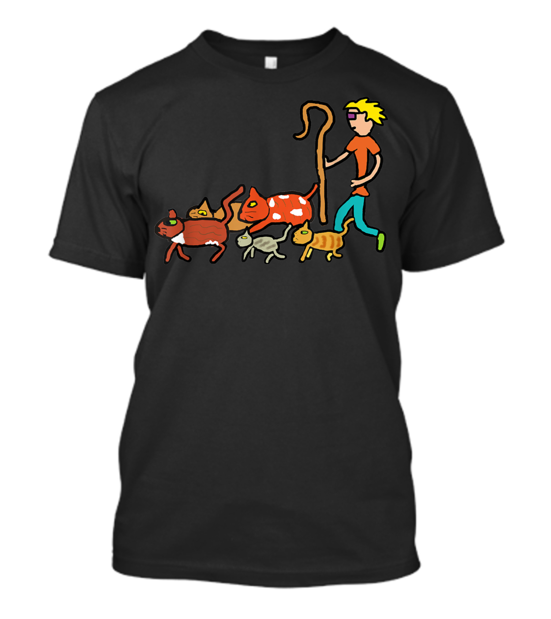 Herding Cats Cartoon Shepherd With Colorful Cats Scene T-Shirt