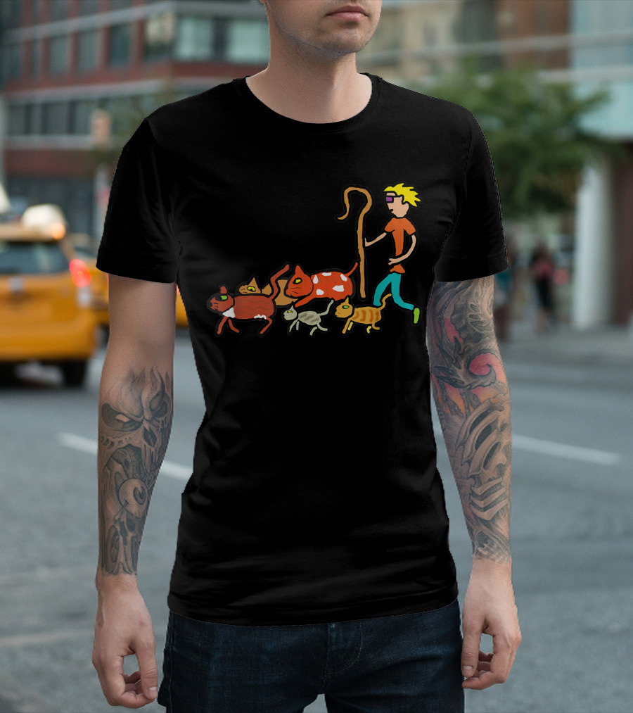 Herding Cats Cartoon Shepherd With Colorful Cats Scene T-Shirt