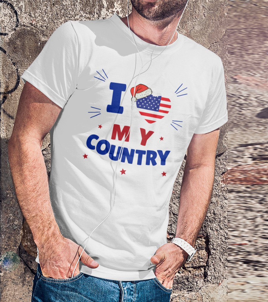 I Love My Country Heart Flag Santa Hat Patriotic Merry Christmas T-Shirt