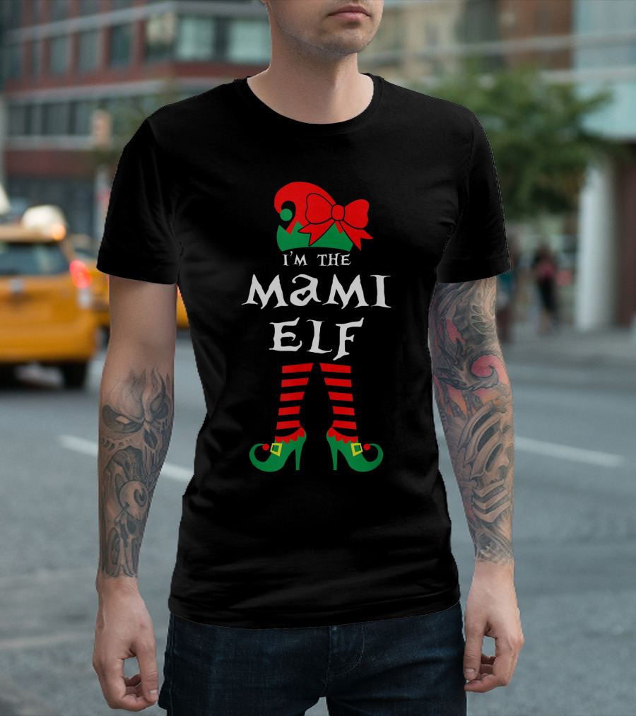 I'm The Mami Elf Striped Leg Red Bow Hat T-Shirt