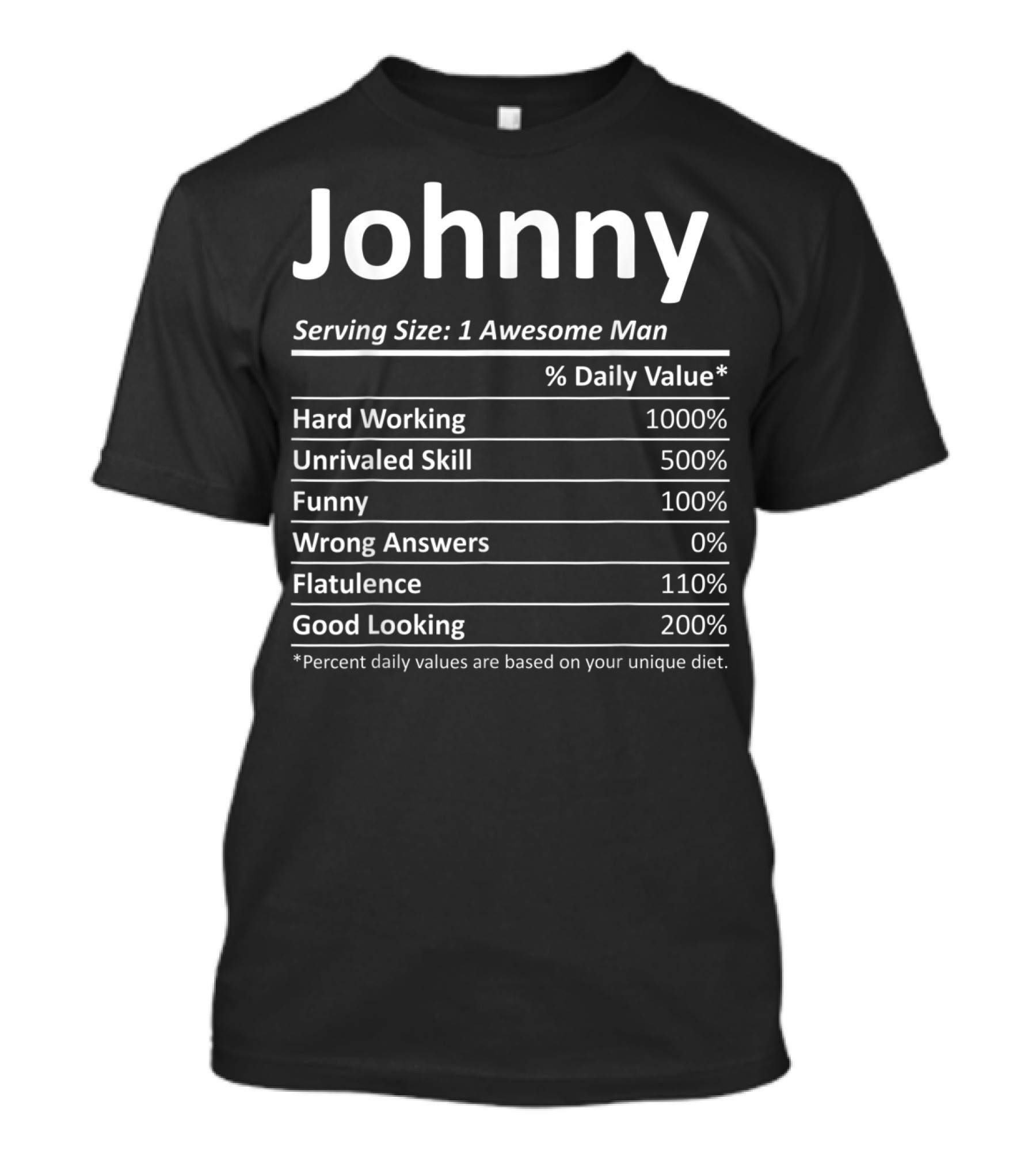 Johnny Serving Size One Awesome Man Hard Working Unrivaled Skill Funny Good Looking Percent Daily Values Based On Unique Diet T-Shirt