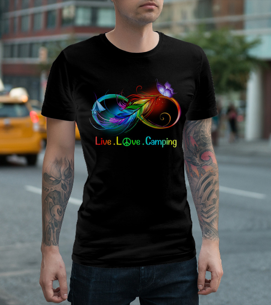 Live Love Camping Hippie Peace Infinity Rainbow Feather Tent Butterfly T-Shirt