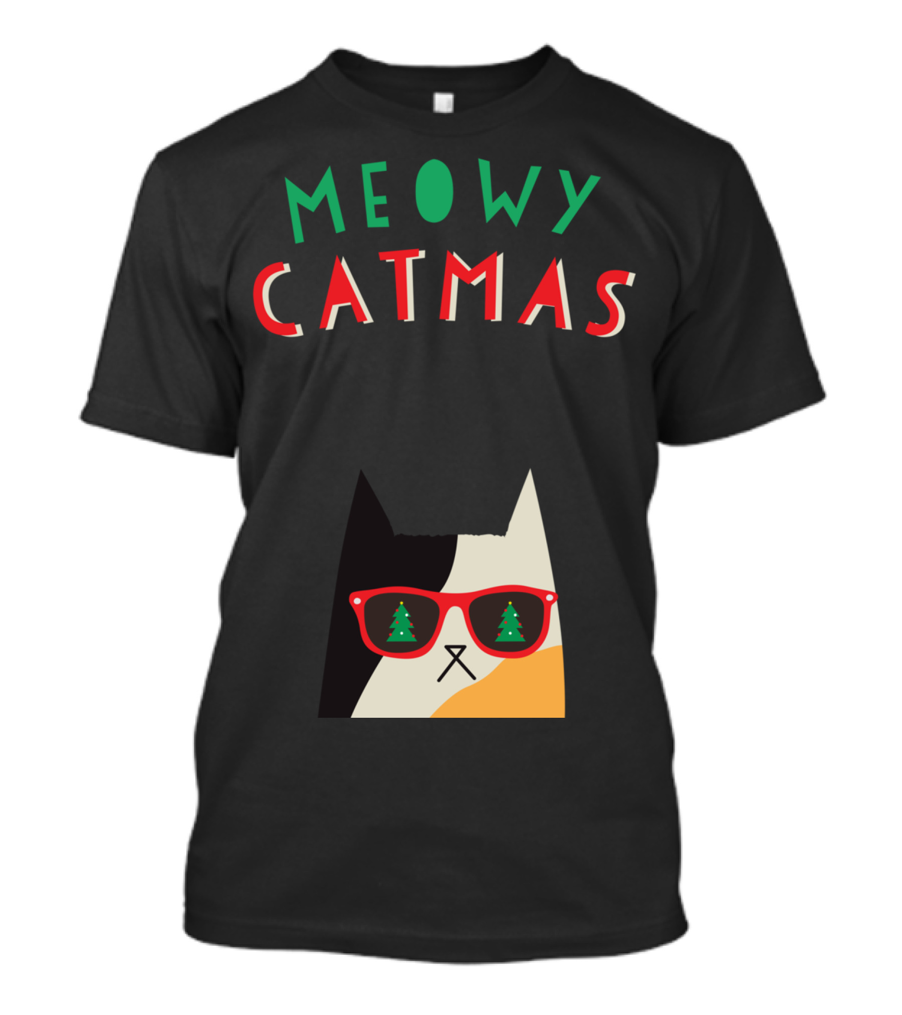 Meowy Catmas Christmas Calico Cat With Sunglasses And Trees T-Shirt