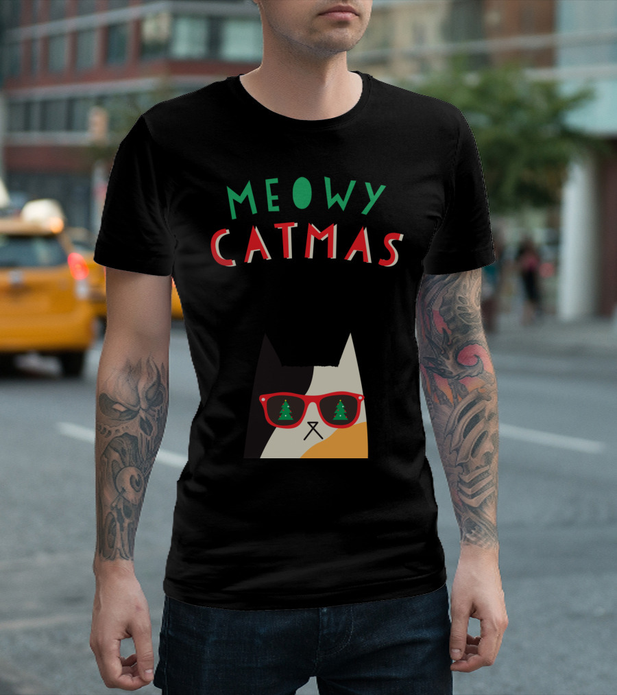 Meowy Catmas Christmas Calico Cat With Sunglasses And Trees T-Shirt