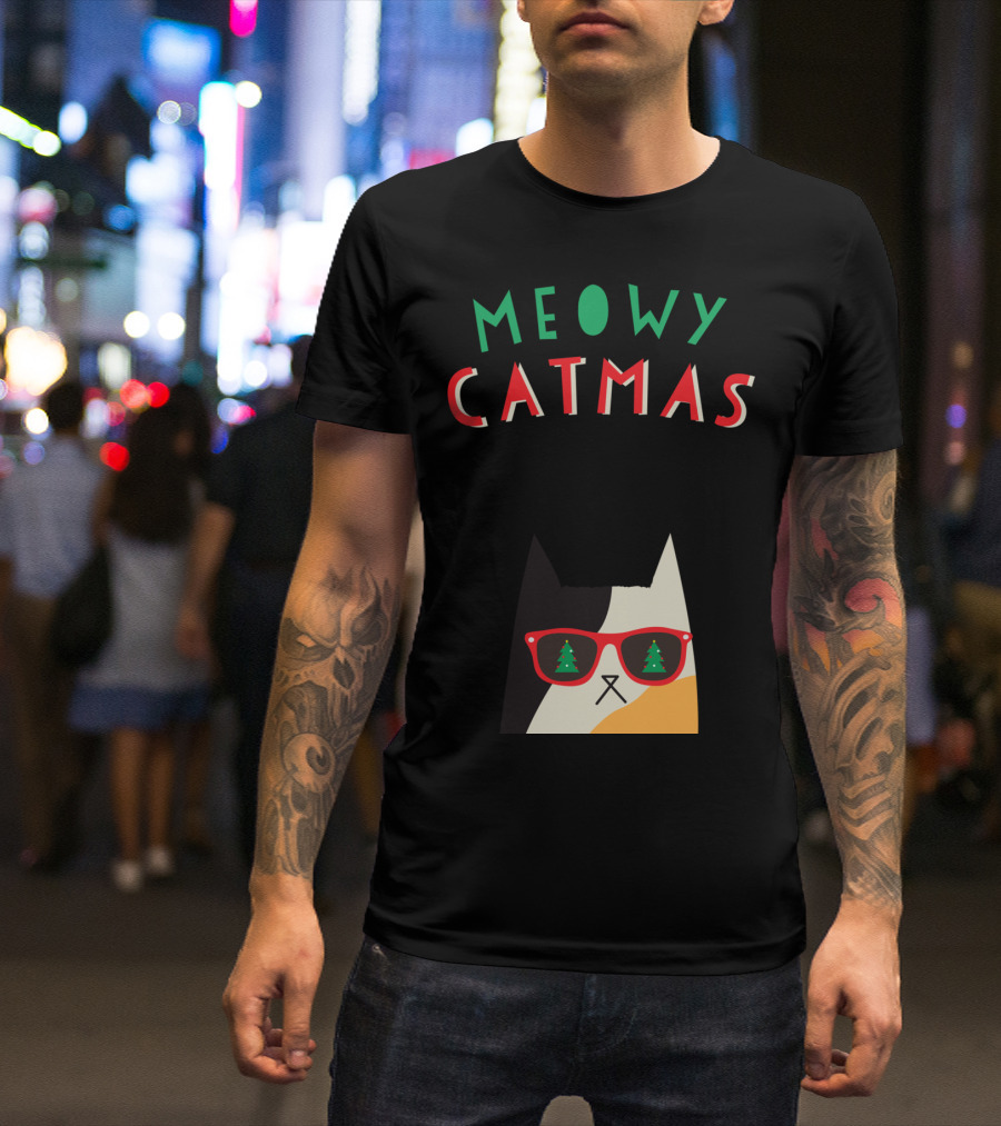 Meowy Catmas Christmas Calico Cat With Sunglasses And Trees T-Shirt