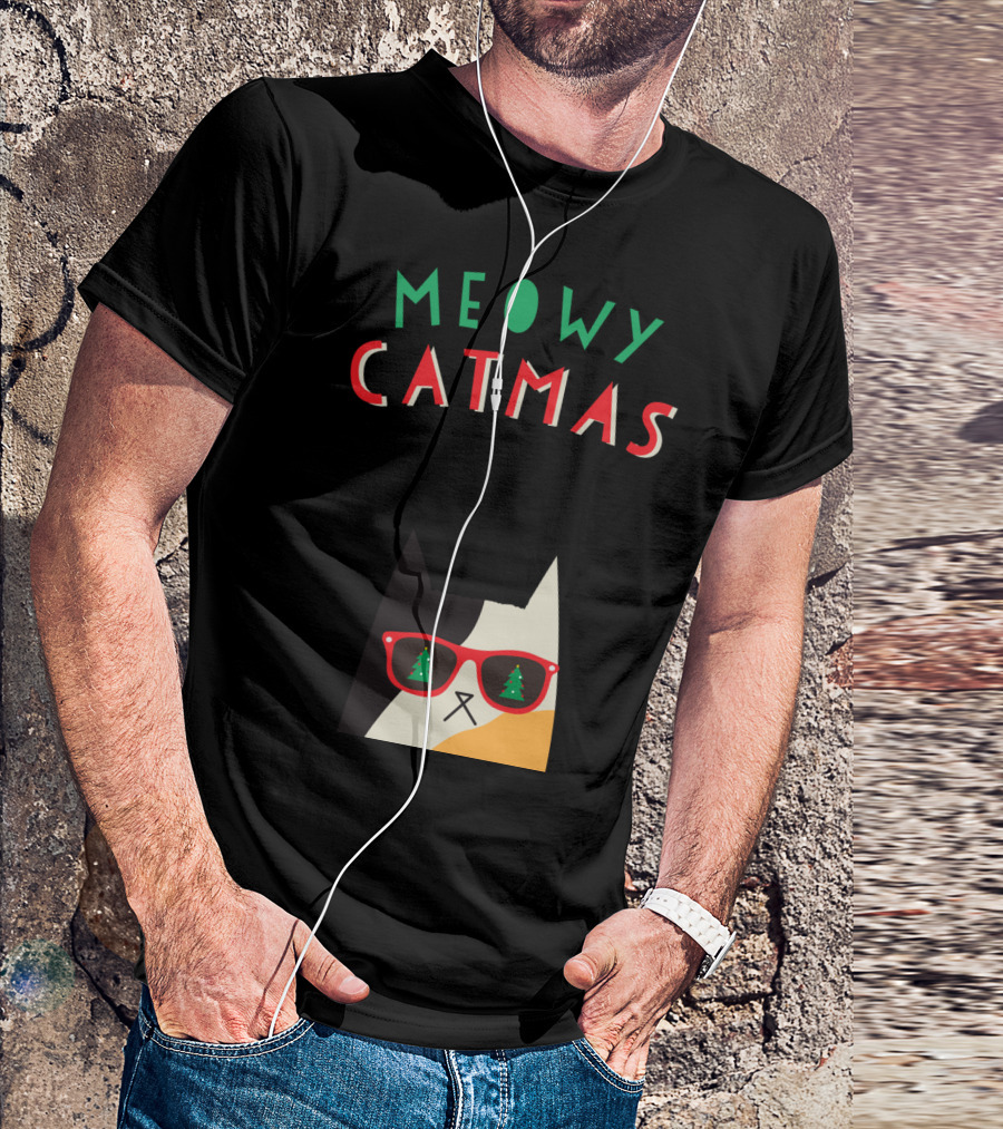 Meowy Catmas Christmas Calico Cat With Sunglasses And Trees T-Shirt