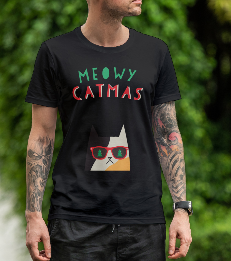 Meowy Catmas Christmas Calico Cat With Sunglasses And Trees T-Shirt