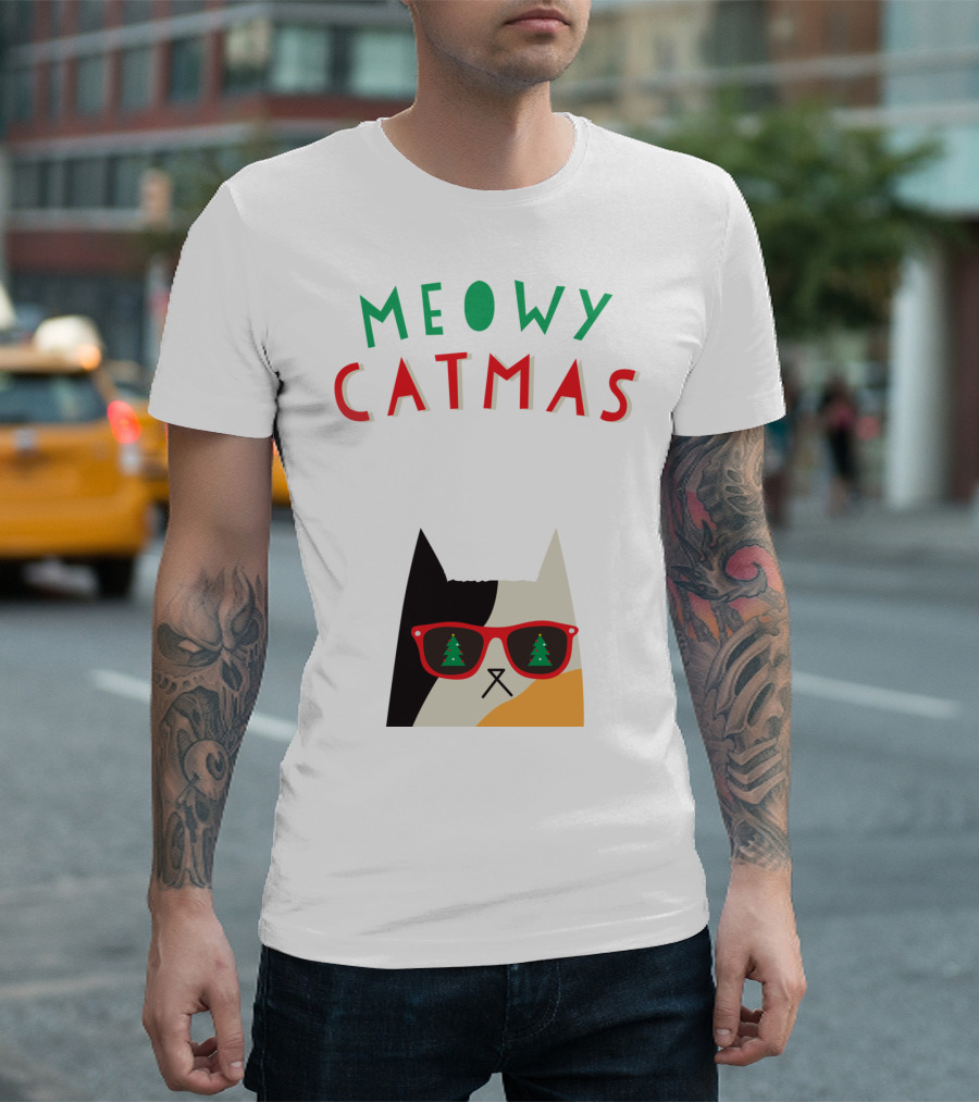Meowy Catmas Christmas Calico Cat with Sunglasses and Trees T-Shirt