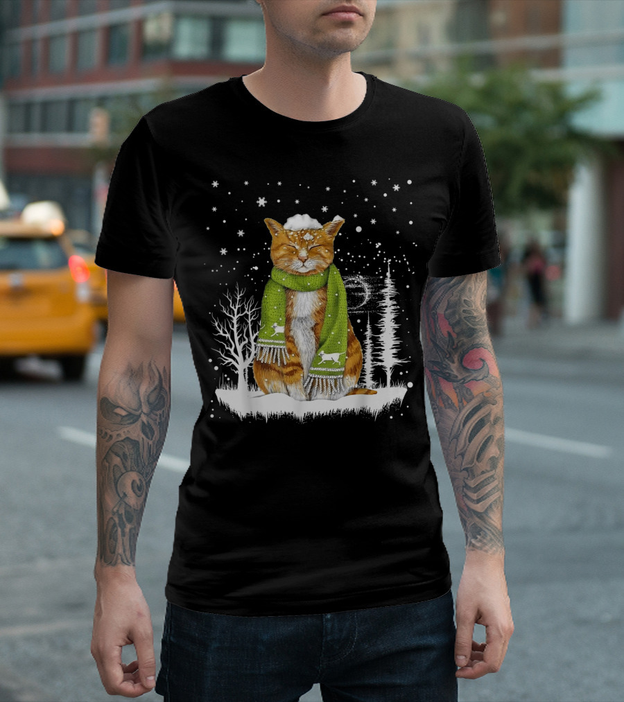 Meowy Xmas Christmas Cats in Snow with Green Scarf and Reindeer T-Shirt
