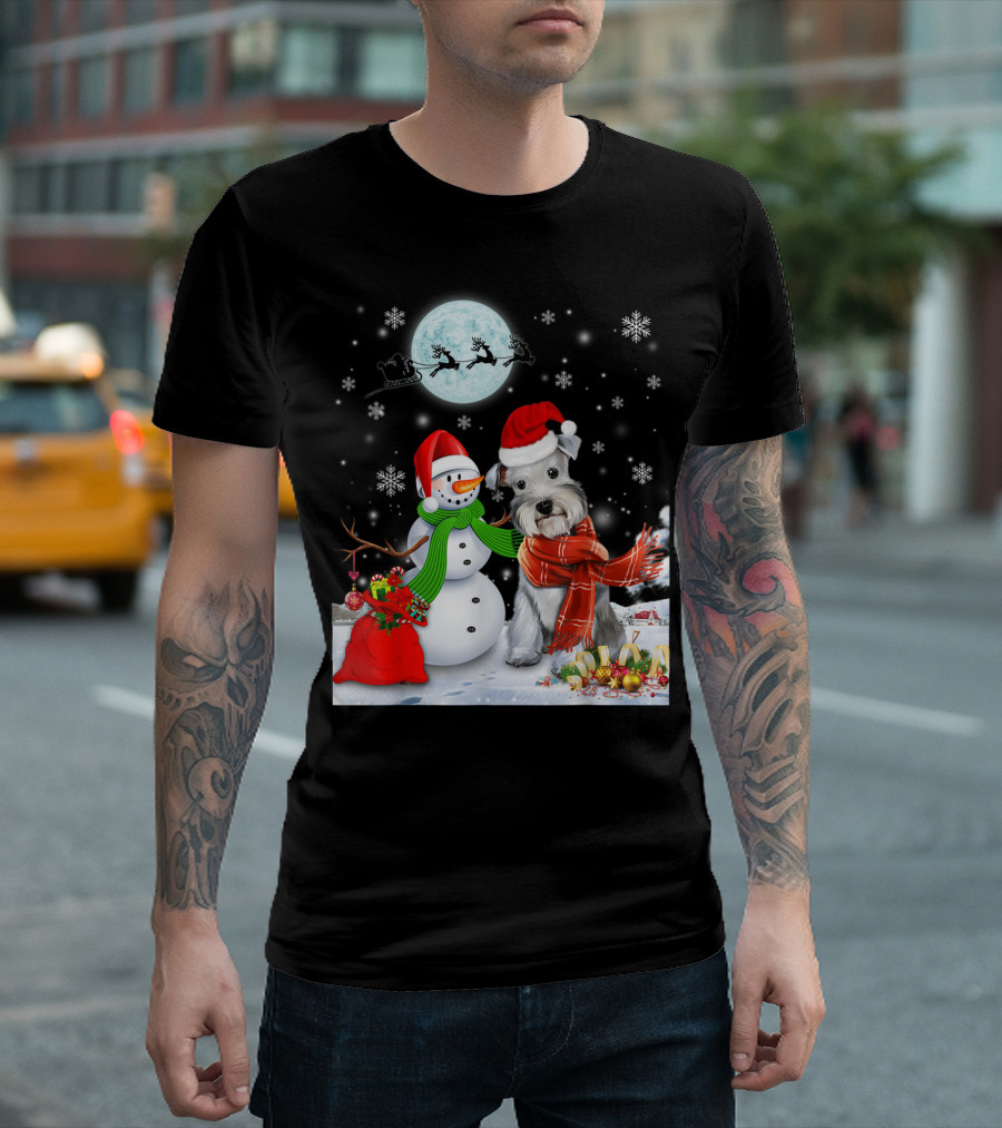 Miniature Schnauzer Santa Snowman Christmas Moon Snowflakes T-Shirt