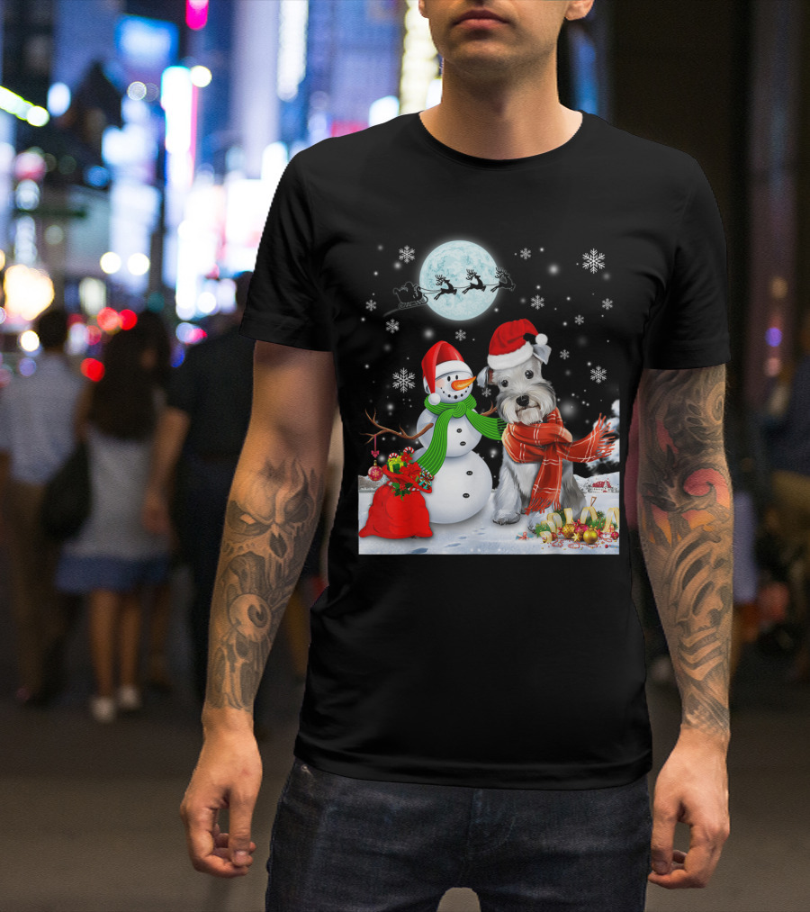 Miniature Schnauzer Santa Snowman Christmas Moon Snowflakes T-Shirt