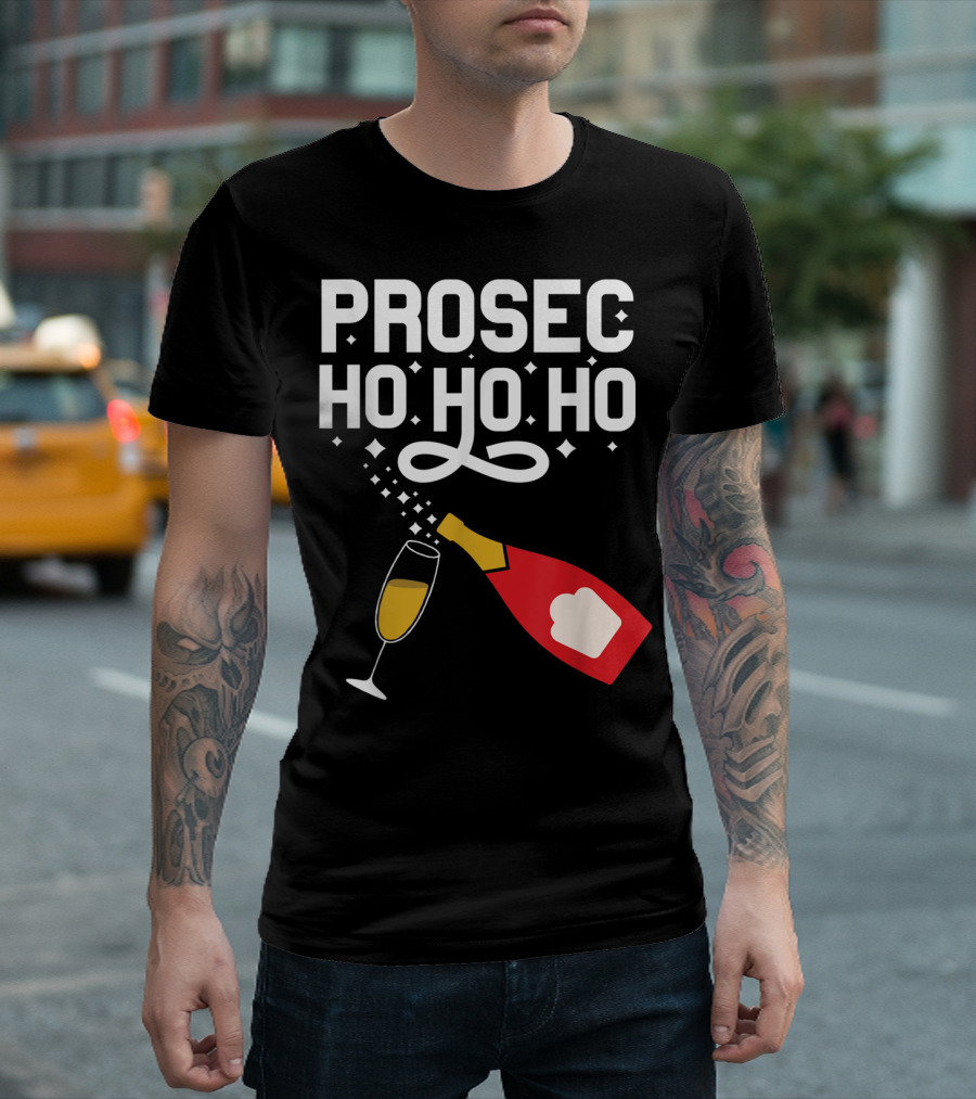 Prosecco Ho Ho Ho Funny Christmas Wine Bottle and Glass T-Shirt