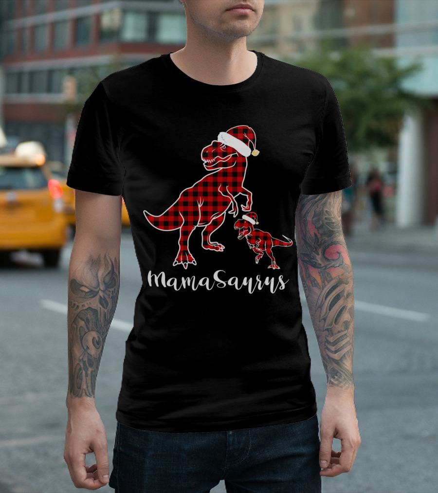 Mamasaurus Red Plaid Santa Hat Buffalo Family T-Shirt