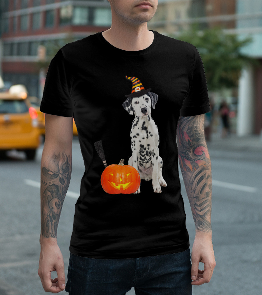 Dalmatian with Witch Hat and Pumpkin Halloween Dog T-Shirt